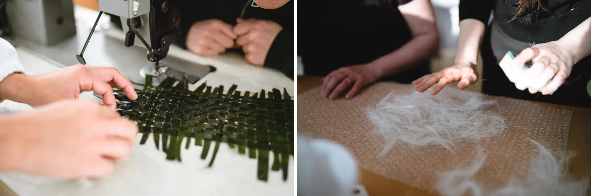 Due immagini accostate che mostrano processi di lavorazione tessile artigianale. A sinistra, un primo piano di mani che intrecciano strisce di materiale verde scuro sotto l'ago di una macchina da cucire industriale. A destra, mani che lavorano con delicatezza fibre bianche soffici (simili a lana o piumino) stese su una superficie piana.