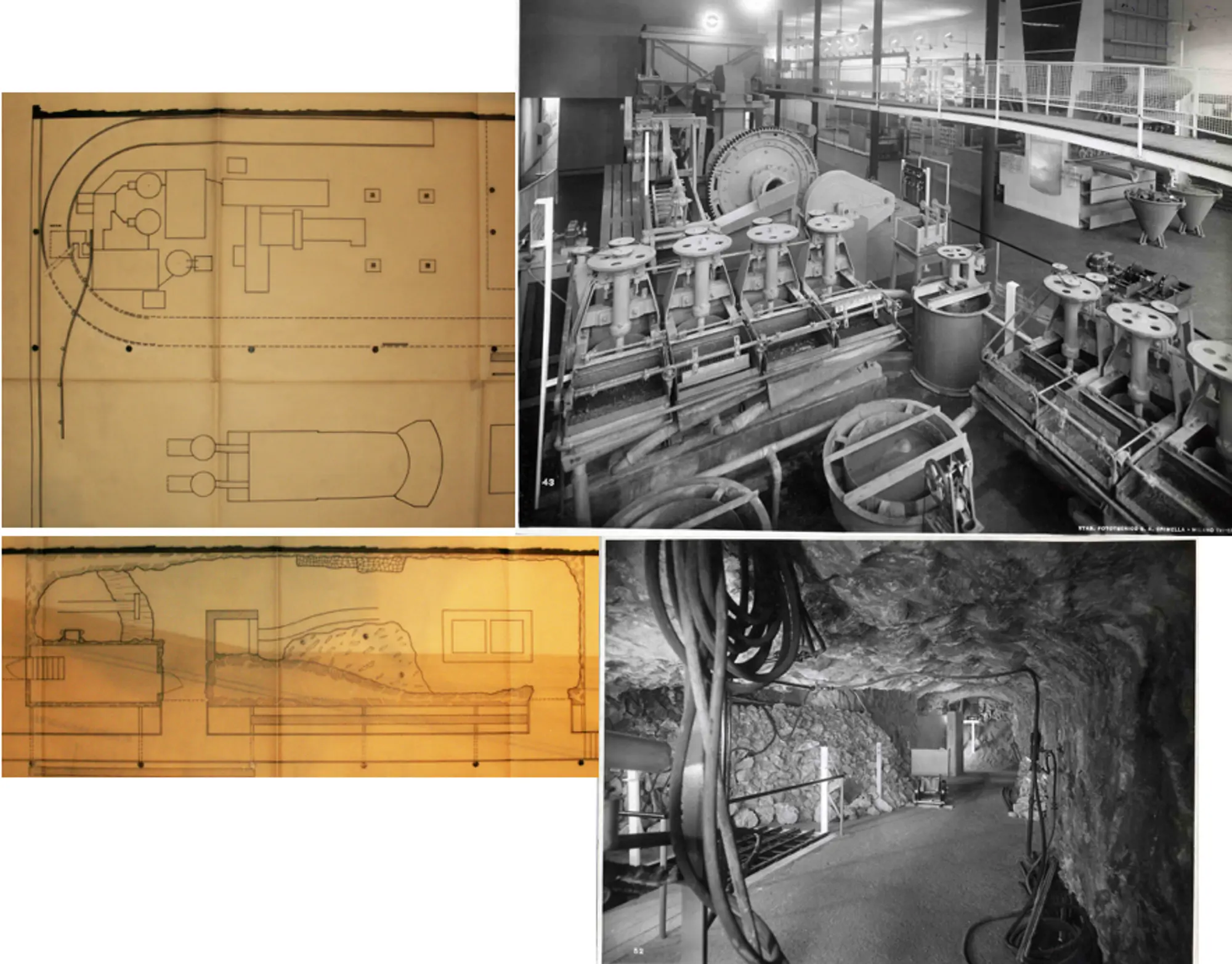 Composite image showing technical drawings and archival photographs of the Lead and Zinc Room designed by Franco Albini for the 1938 “Mostra autarchica del minerale Italiano” in Rome, including exhibition layout plans and views of industrial machinery and tunnel-like displays.