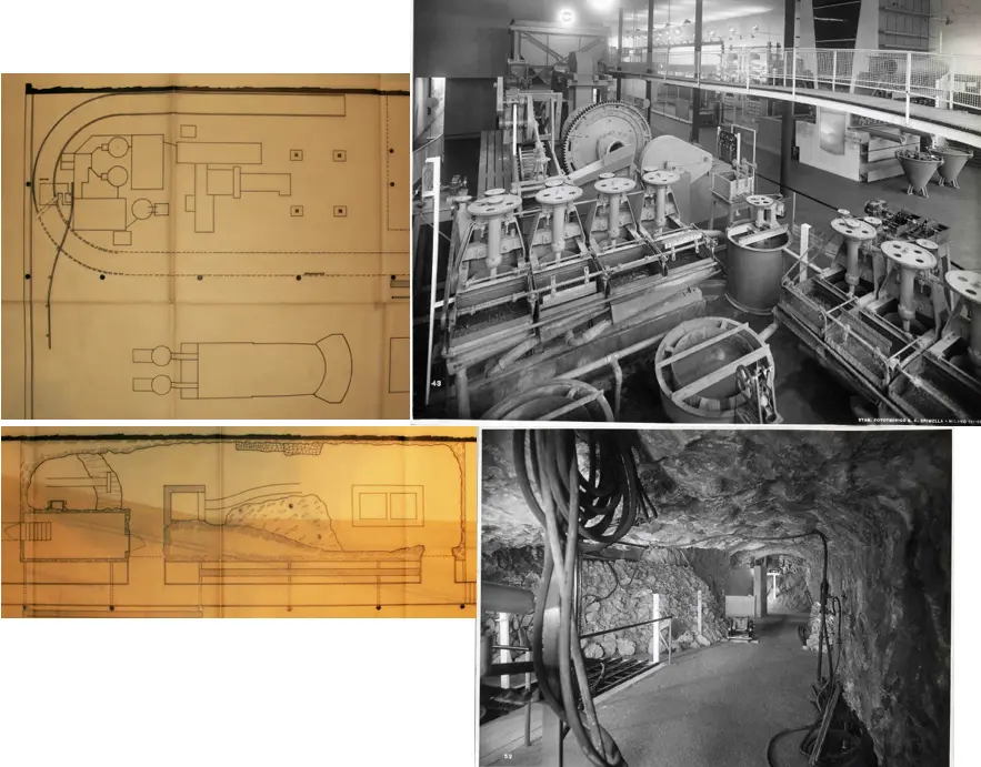 Composite image showing technical drawings and archival photographs of the Lead and Zinc Room designed by Franco Albini for the 1938 “Mostra autarchica del minerale Italiano” in Rome, including exhibition layout plans and views of industrial machinery and tunnel-like displays.