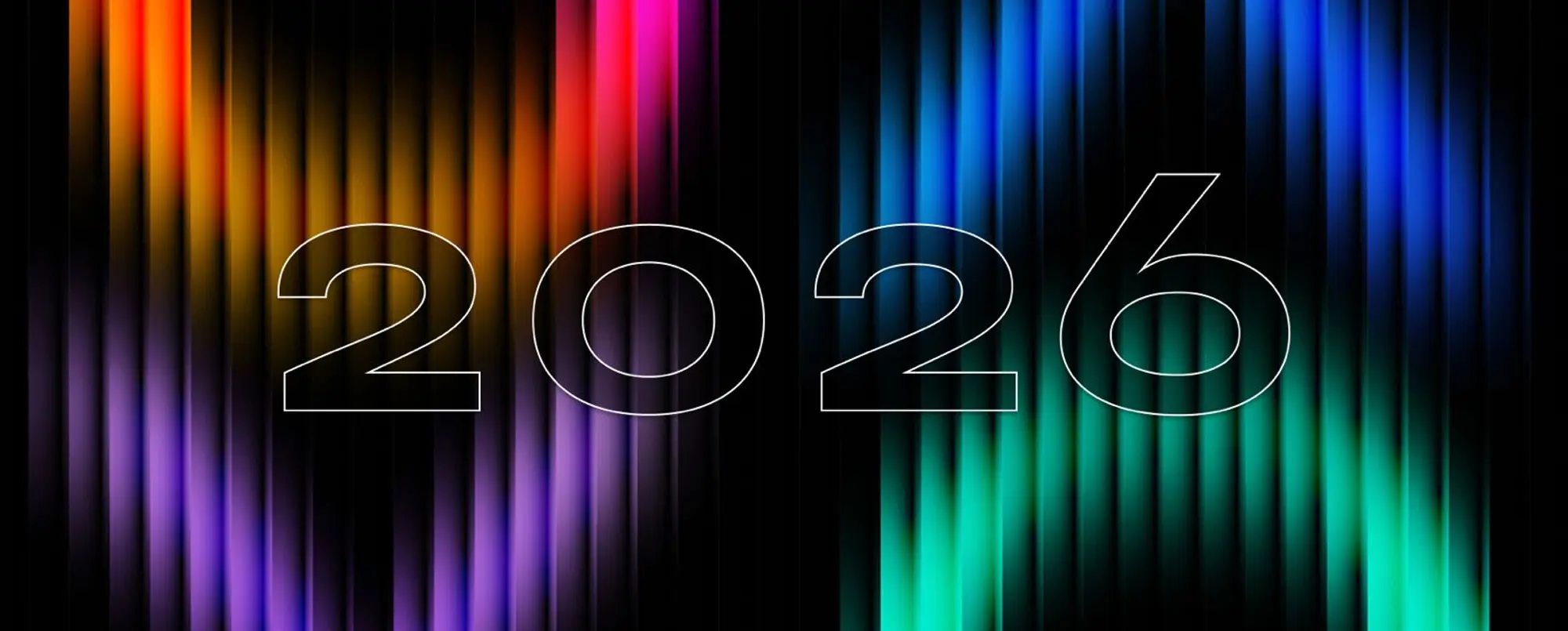 Sfondo grafico astratto con barre verticali sfumate dai colori vivaci (giallo, arancione, rosa, viola, blu e verde) su base nera. Al centro dell’immagine compare la scritta “2026” in caratteri sottili bianchi, suddivisa in due parti con un ampio spazio tra le cifre.