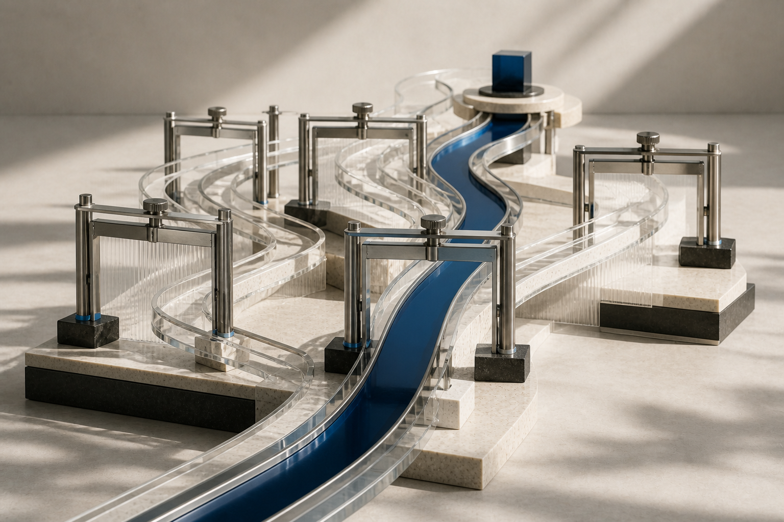 Branching transparent tracks passing through adjustable decision gates