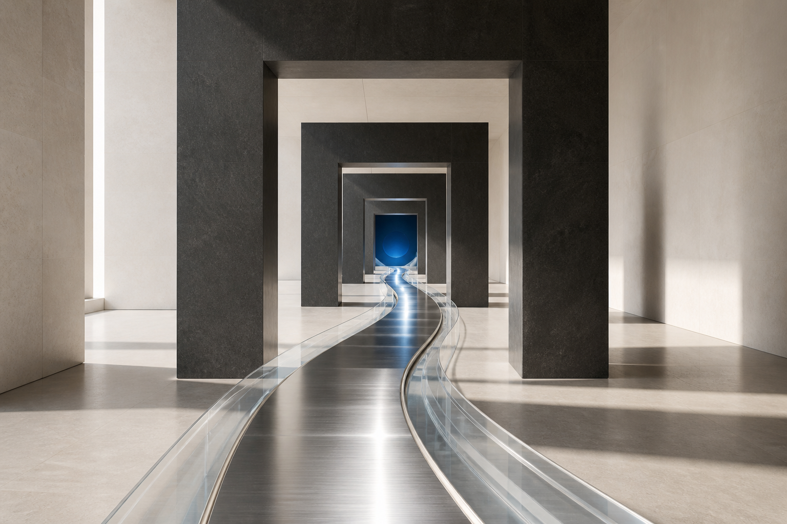 A continuous stable path moving quickly through architectural gates