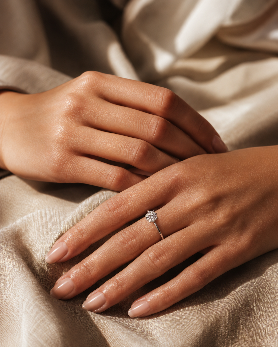 Manos con anillo de compromiso sobre tela champagne