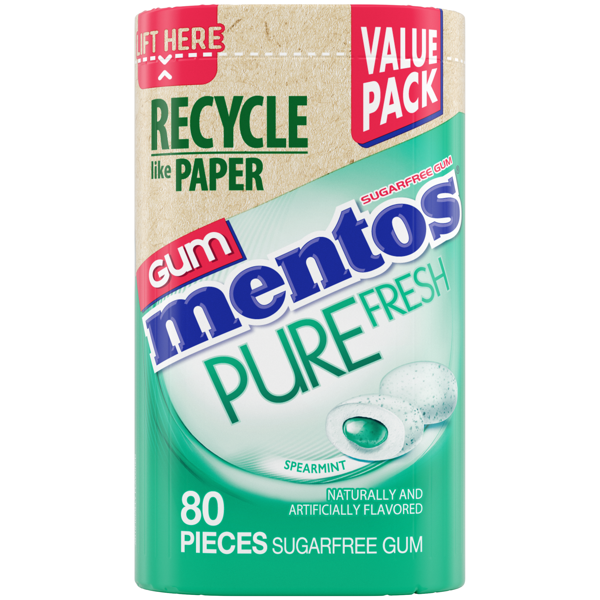 Mentos Pure Fresh Gum Spearmint - 80pc Paperboard Bottle