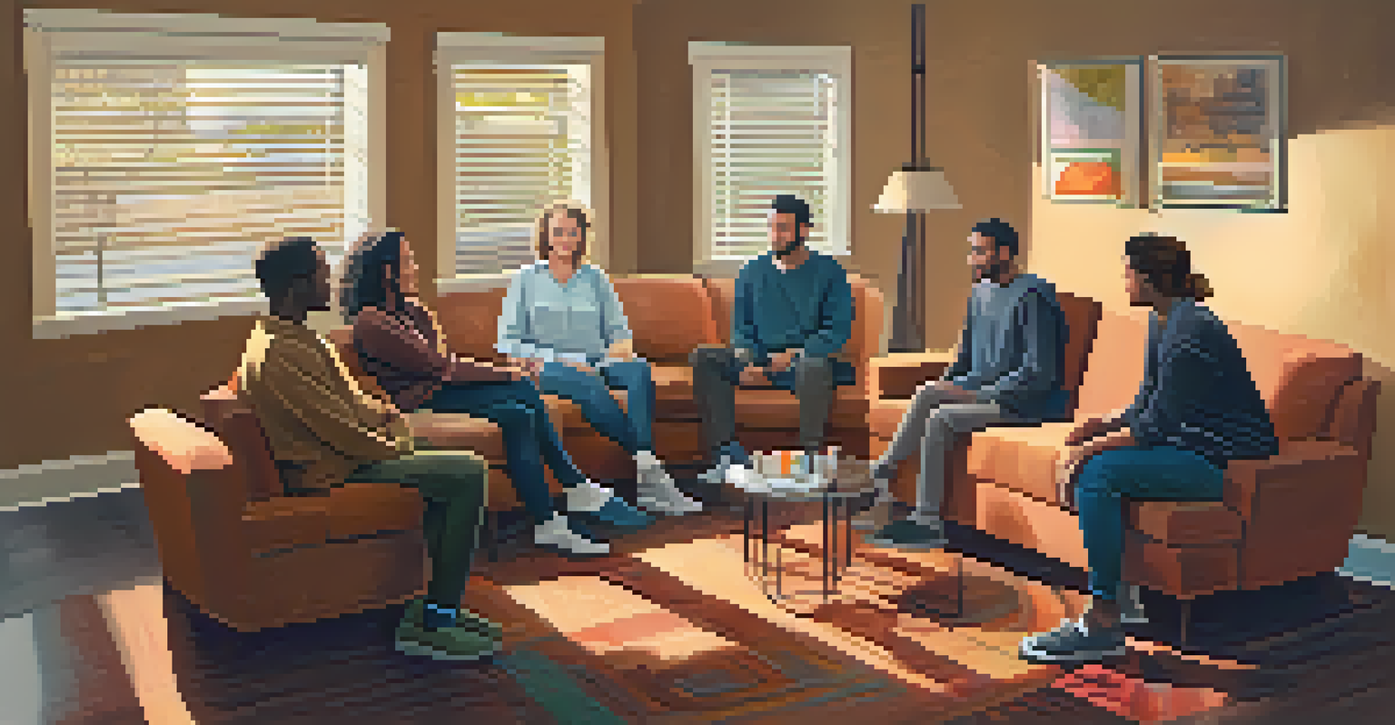 A cozy support group meeting with participants seated in a circle, sharing experiences in a warm, inviting room.