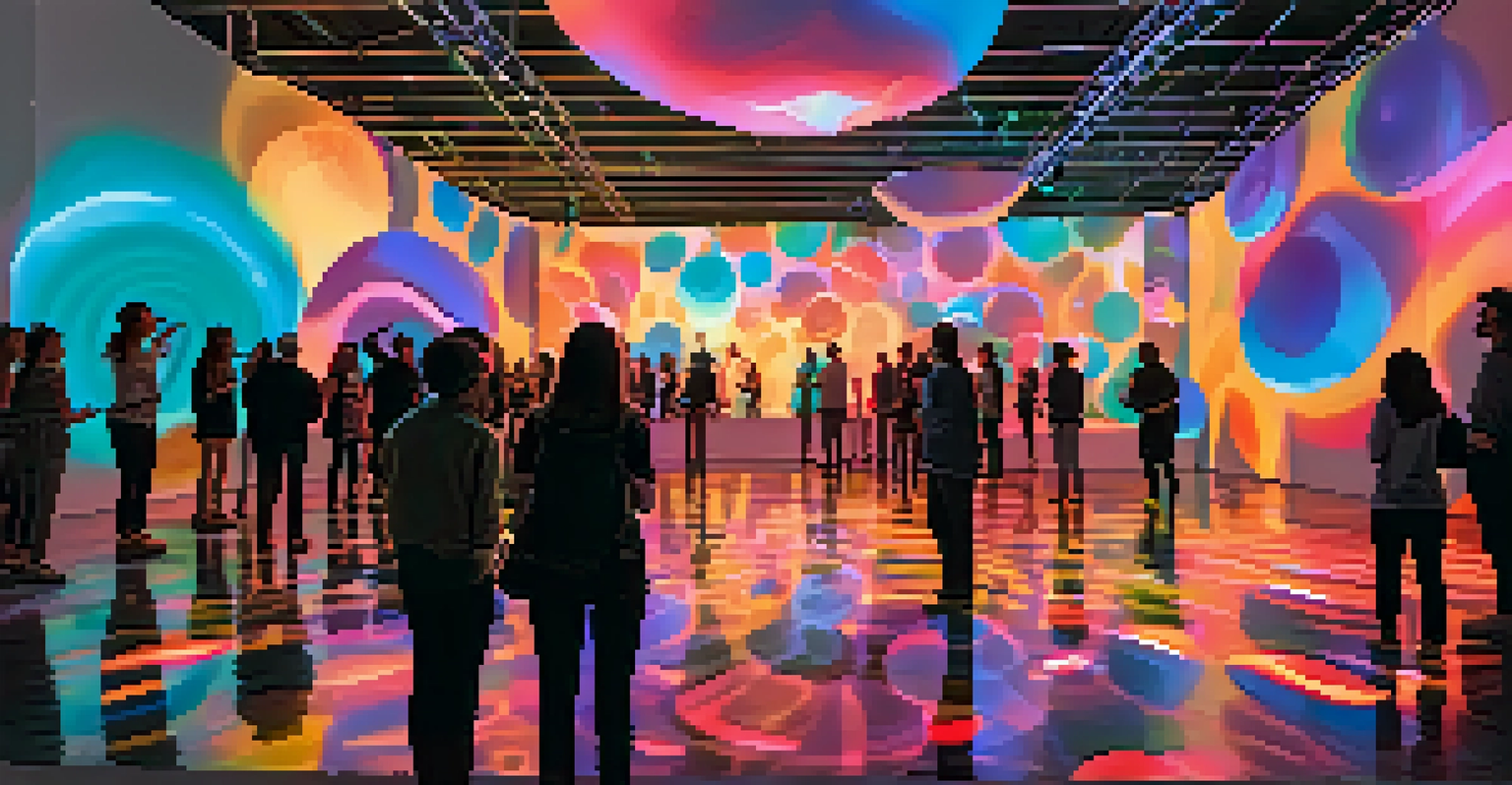 An immersive art installation with colorful projections reacting to music, featuring people engaged in the experience.