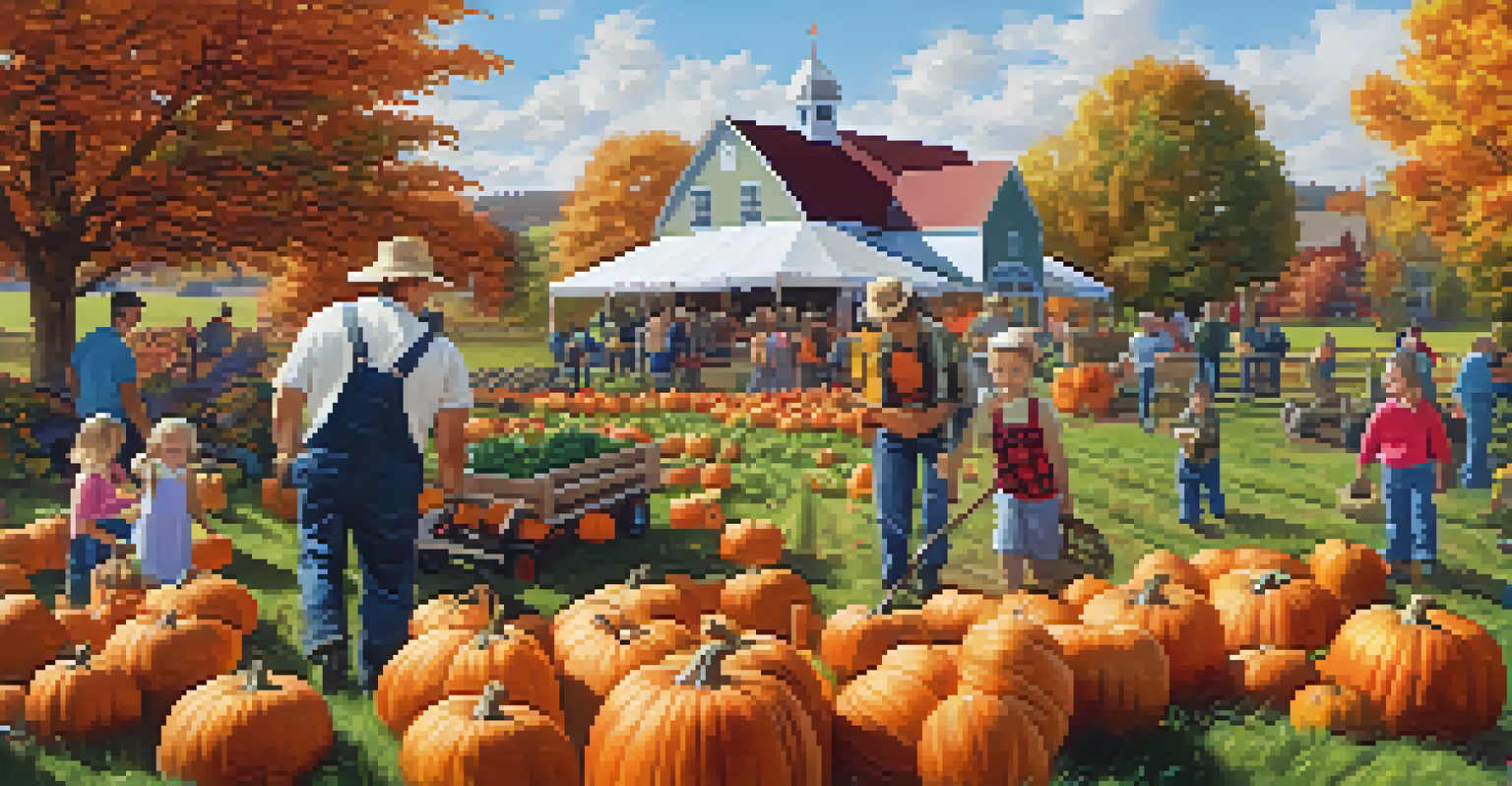 Families participating in pumpkin picking at Chatfield Farms with colorful gardens and farm animals around.
