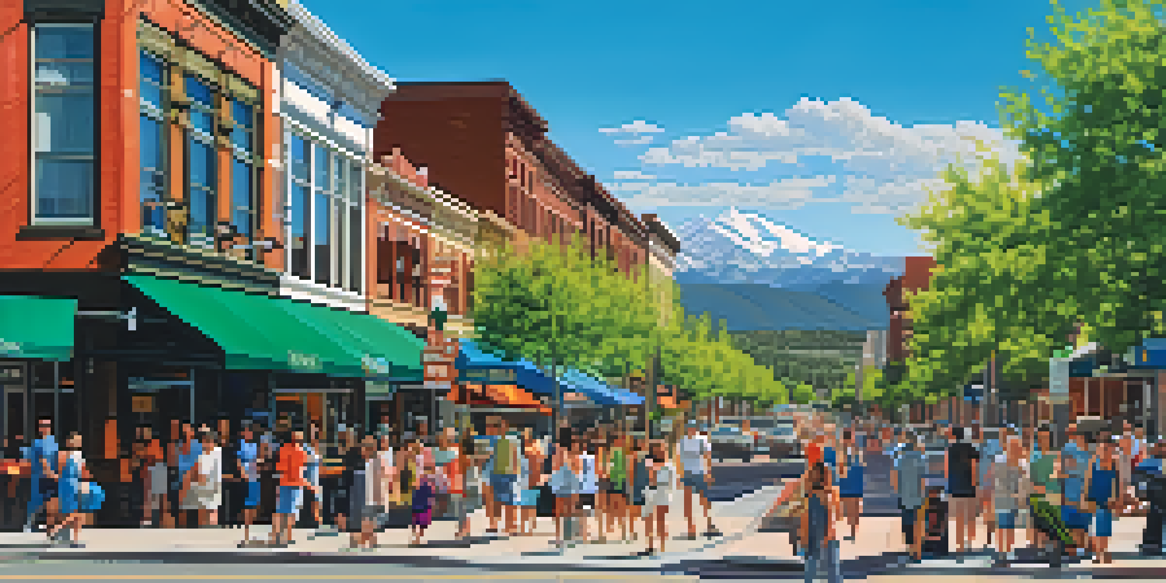 A lively downtown street in Denver filled with tourists shopping and dining, with the Rocky Mountains in the background.