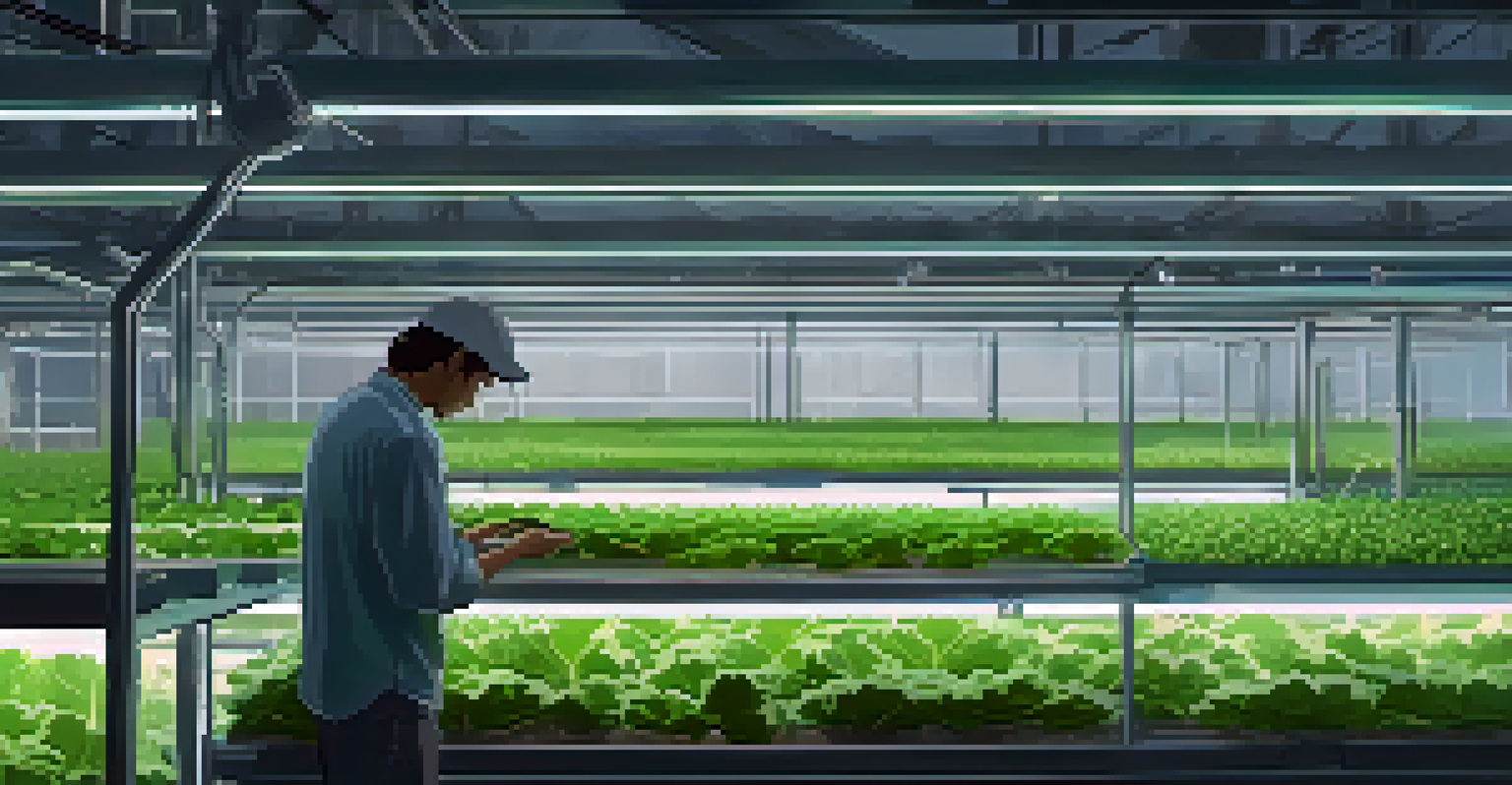 An indoor hydroponic farm with rows of greens and a farmer adjusting the system under LED lights.