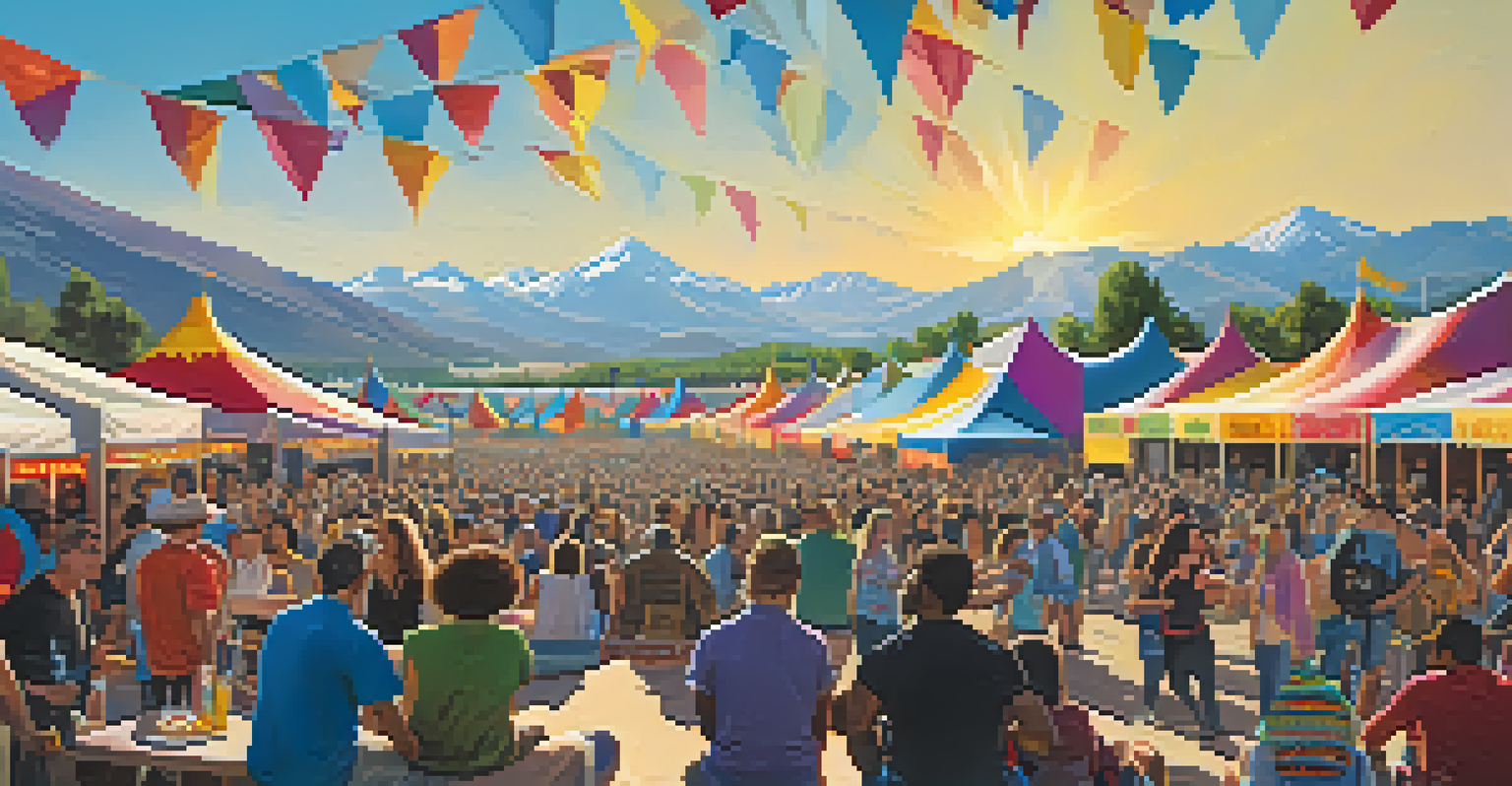 A bustling outdoor music festival in Denver with multiple stages, an enthusiastic crowd, and the Rocky Mountains in the background.