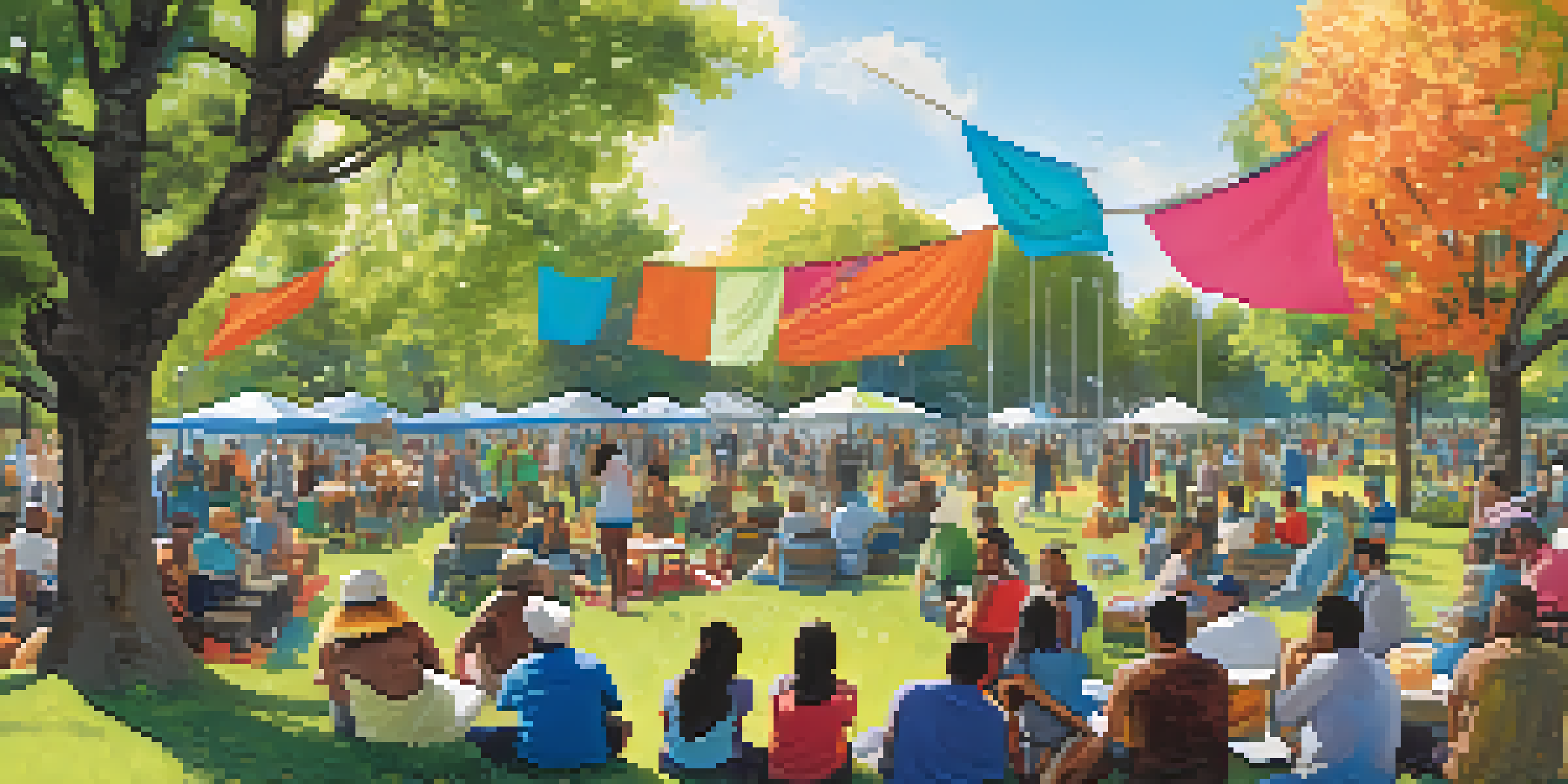 A lively park scene with diverse community members participating in discussions and activities, surrounded by colorful banners and nature.