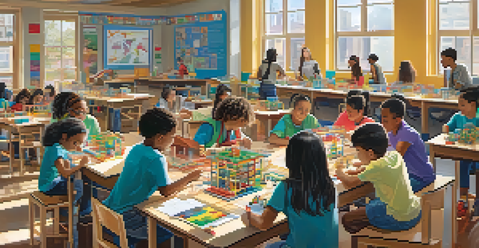 A diverse group of students working together on a hands-on STEM project in a brightly lit classroom with educational posters on the walls.