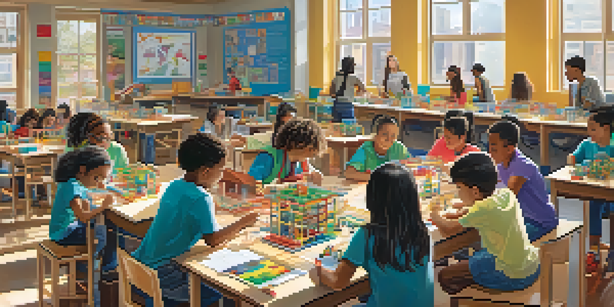 A diverse group of students working together on a hands-on STEM project in a brightly lit classroom with educational posters on the walls.