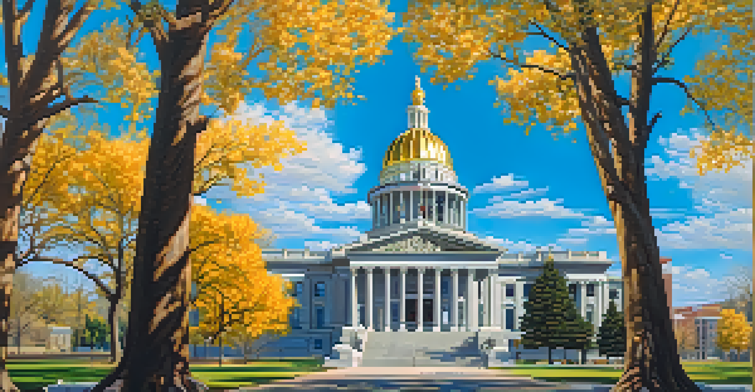 The Colorado State Capitol with a golden dome set against a vibrant backdrop of trees and historic architecture.