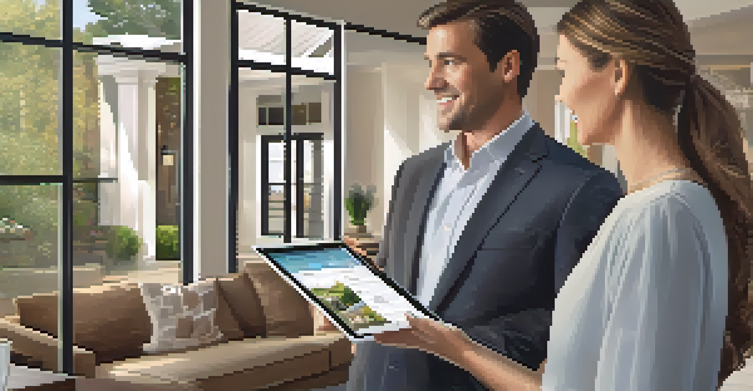 A real estate agent showing a virtual property tour on a tablet to a couple, with a beautifully staged modern home in the background, under soft lighting.