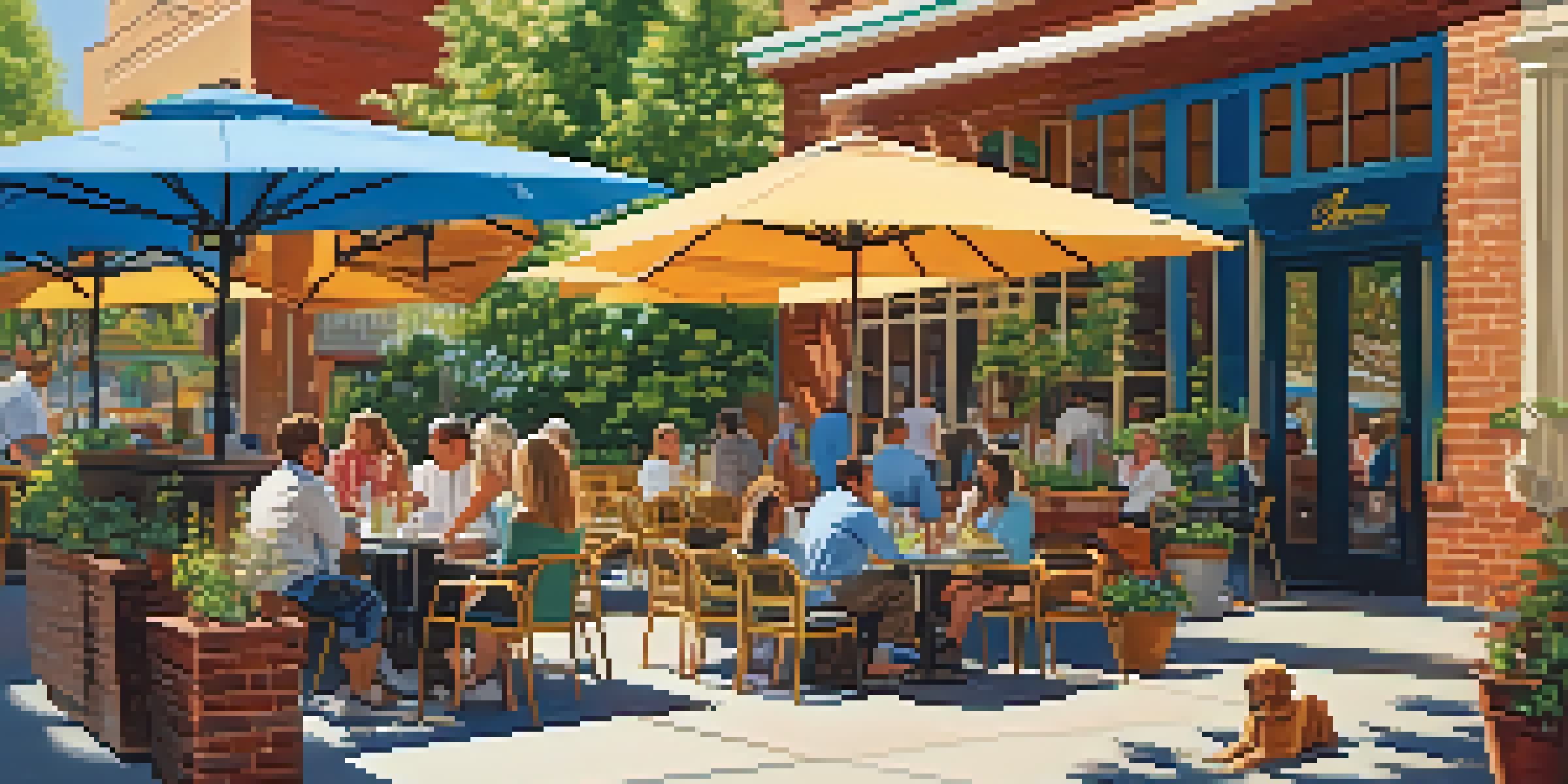 A sunny outdoor restaurant patio with diners and a golden retriever relaxing by its owner's feet, surrounded by colorful umbrellas and plants.
