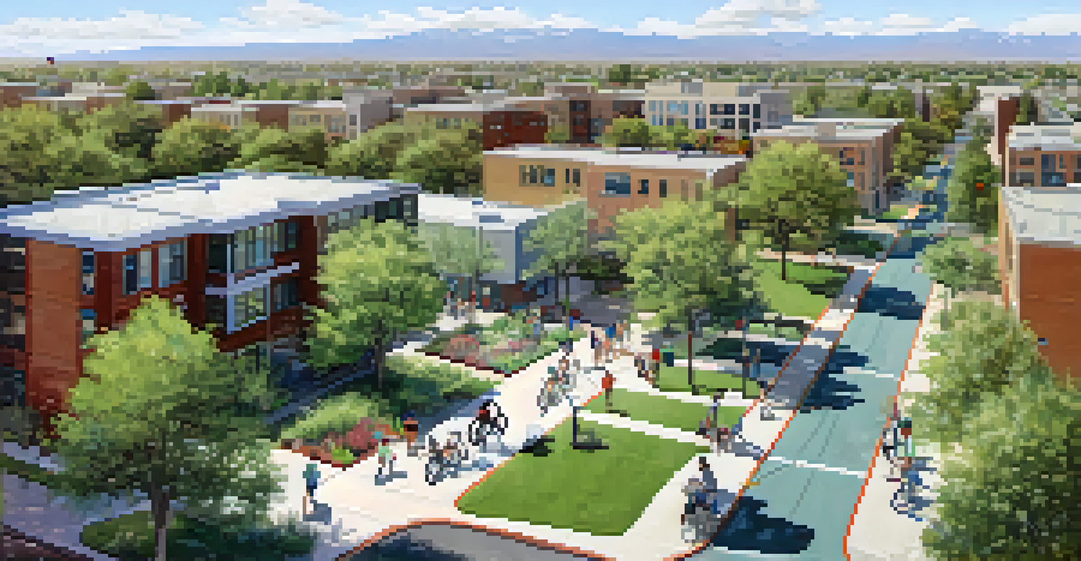 Aerial view of a Denver neighborhood with bike paths, parks, and public transit stops, showcasing eco-friendly transportation integration.