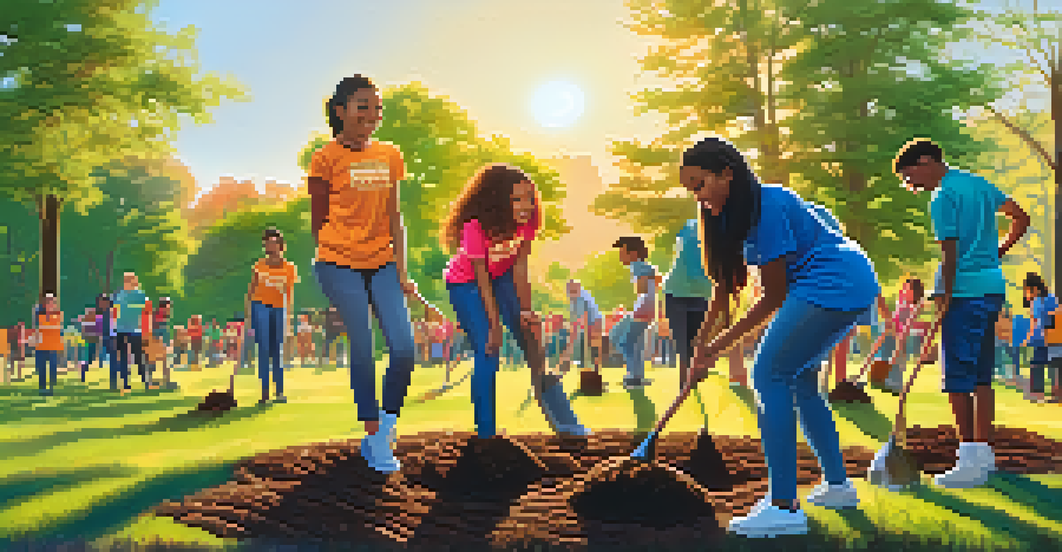 A diverse group of students planting trees in a park during a community service project, with a sunset in the background.