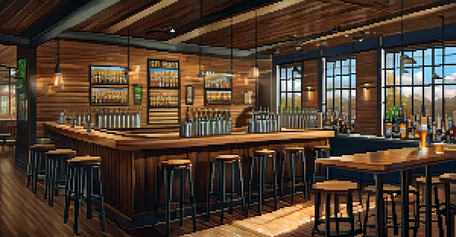 A cozy craft brewery taproom with a polished wooden bar, craft beers on tap, local artwork on the walls, and patrons enjoying conversations in warm lighting.