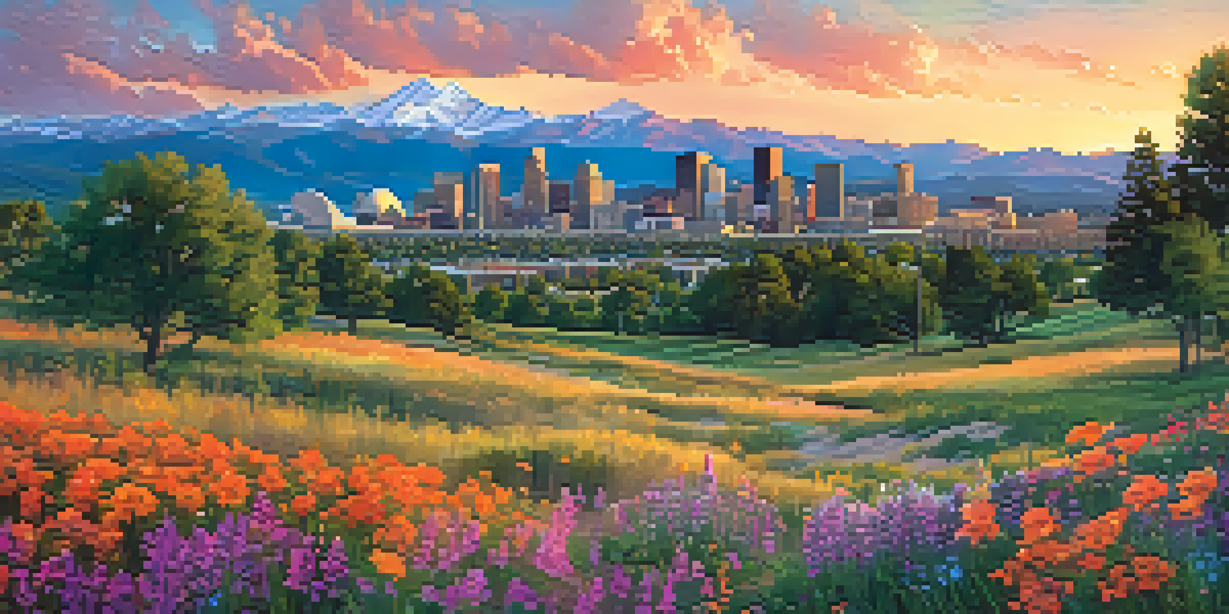 A panoramic view of Denver with Rocky Mountains in the background, vibrant sunset, wildflowers in the foreground, and people enjoying outdoor activities.