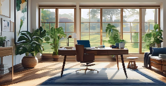 A bright home office with a wooden desk, laptop, and plants, featuring large windows and a view of a green backyard.