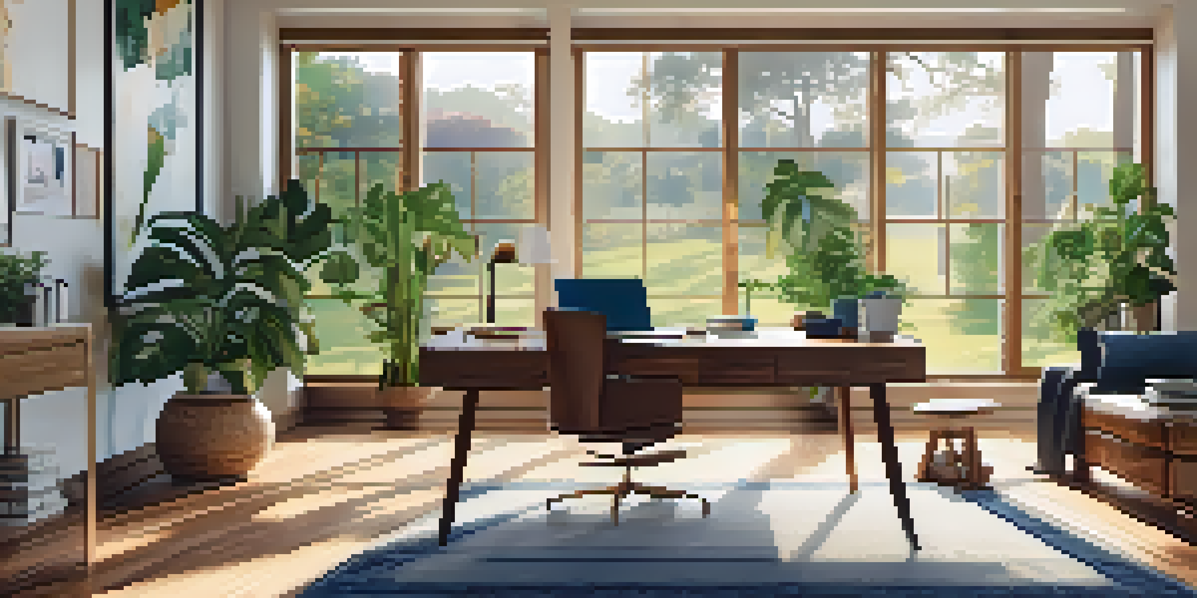 A bright home office with a wooden desk, laptop, and plants, featuring large windows and a view of a green backyard.