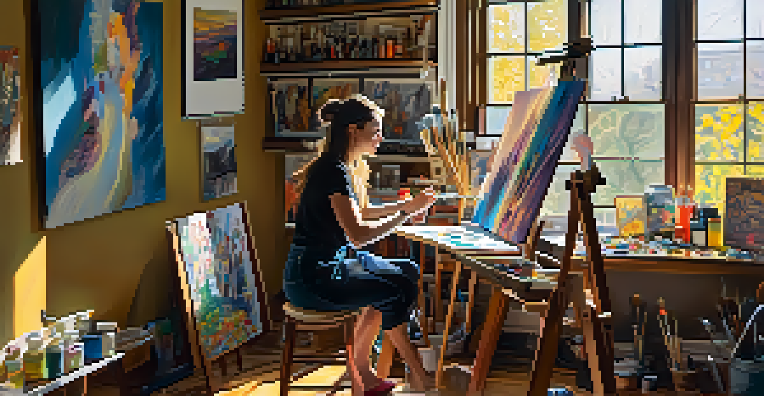 An artist's studio filled with art supplies and vibrant paintings, with sunlight streaming through large windows and an artist painting at an easel.