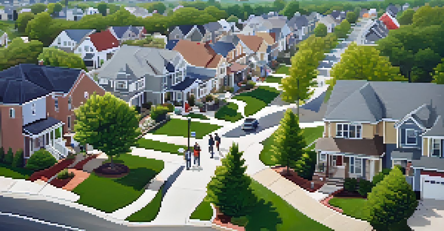 An aerial view of a suburban neighborhood on voting day with people walking to polling places.