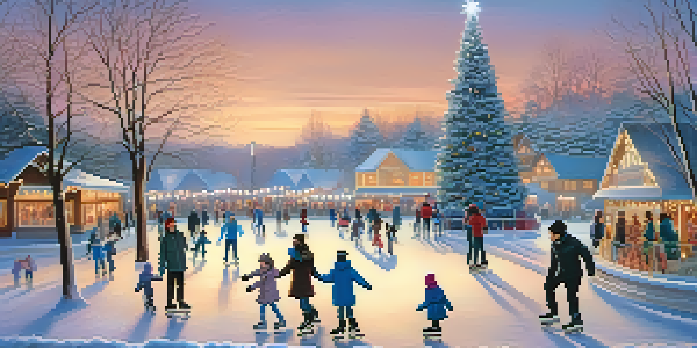 A family enjoys ice skating on a winter evening with holiday lights and snowy trees around them.