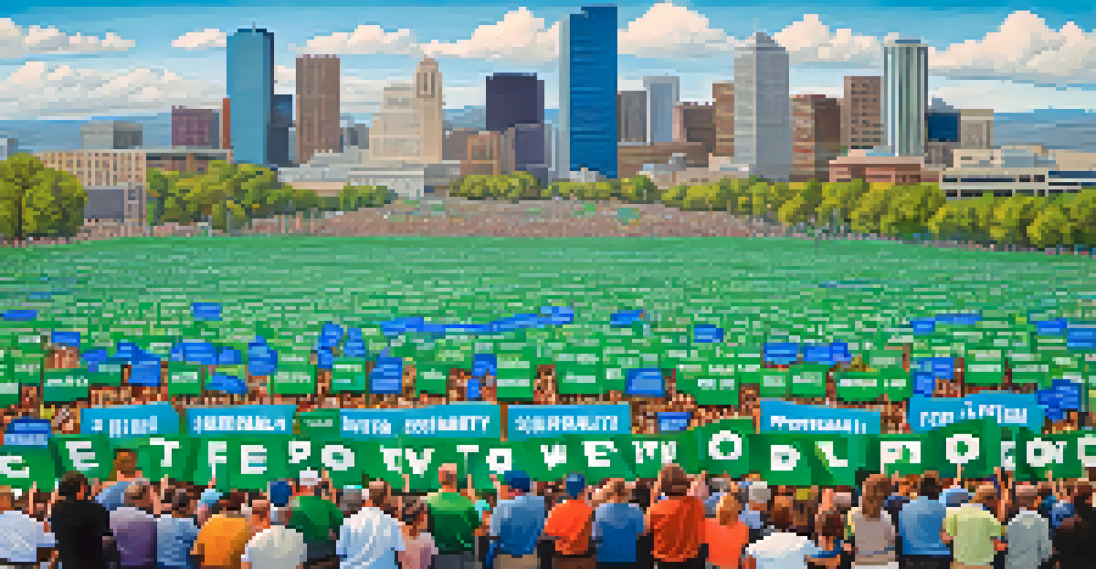 A rally in Denver advocating for climate change awareness, featuring participants with green and blue signs and the city skyline visible under a clear sky.