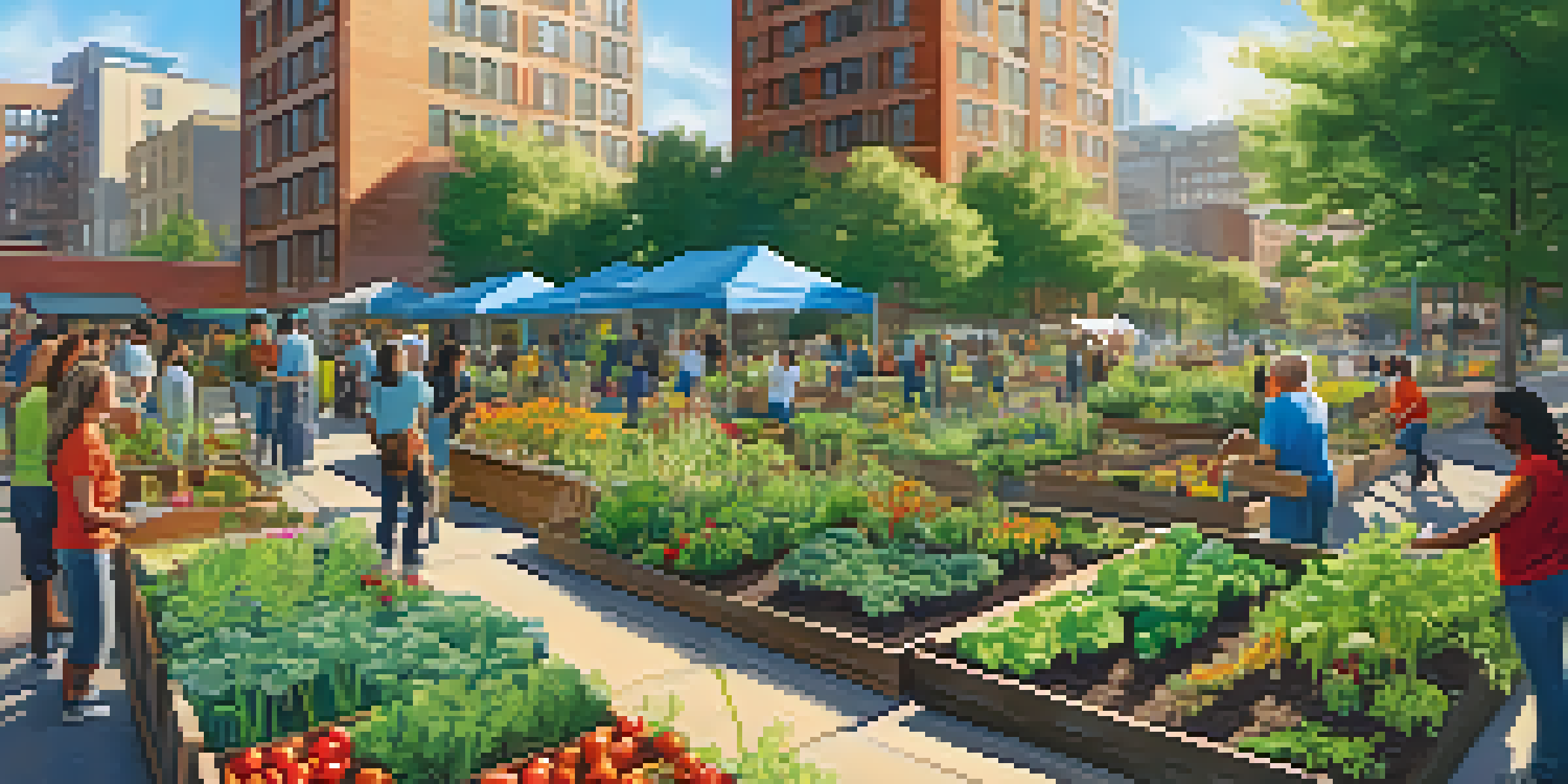 A community garden in a city, with volunteers tending to plants under warm sunlight, surrounded by urban buildings.