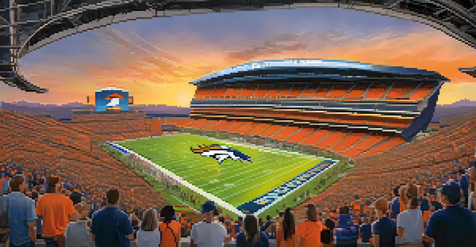 The Denver Broncos' stadium during a sustainability event, featuring fans engaged in recycling activities with a beautiful sunset backdrop.