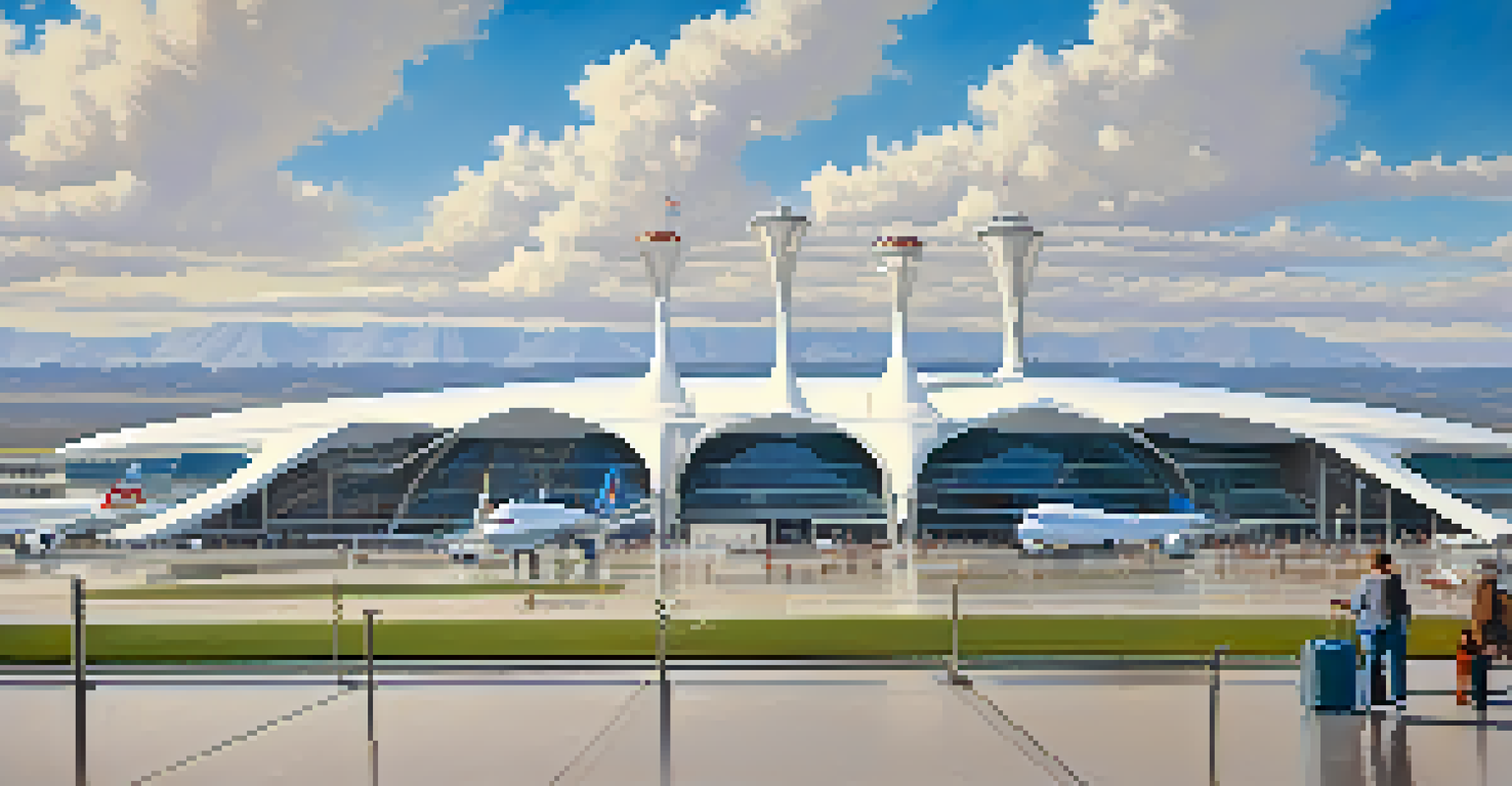 Denver International Airport with its distinctive architecture and travelers arriving.