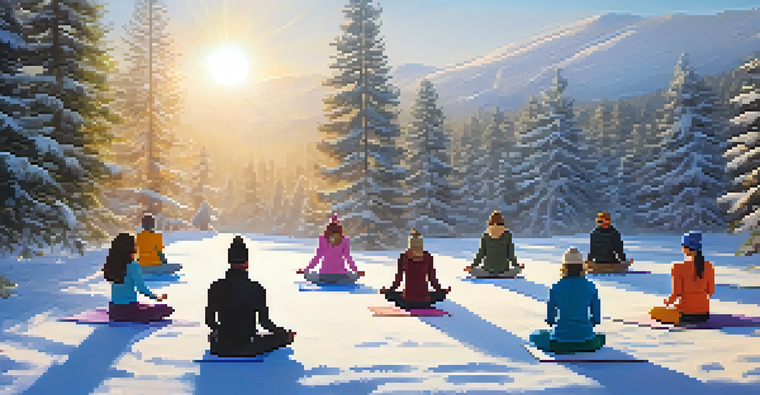 A group of individuals practicing yoga on a snowy landscape during winter, surrounded by pine trees.