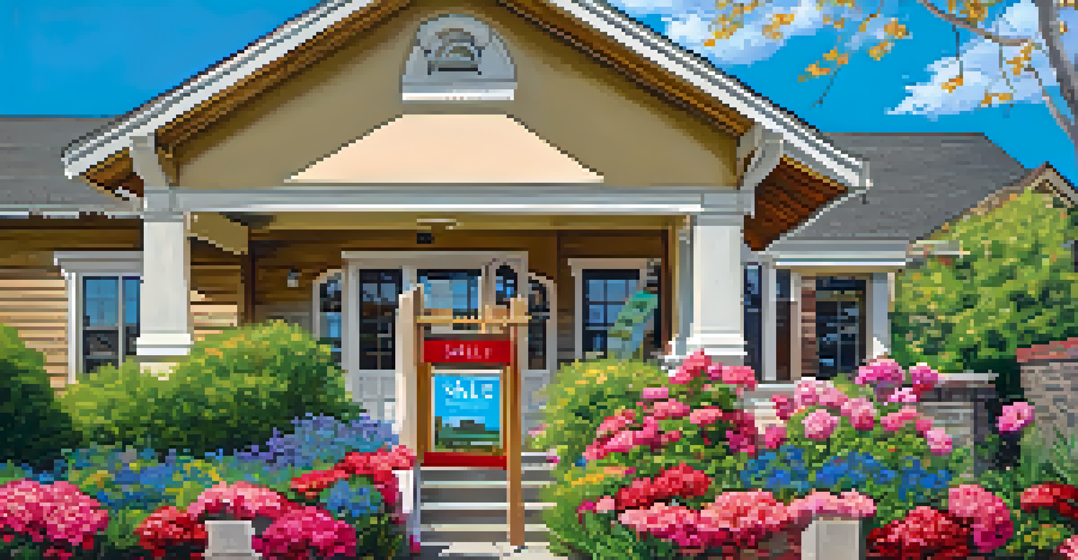 A close-up of a 'For Sale' sign in front of a beautiful home in a Denver school district, surrounded by blooming flowers.