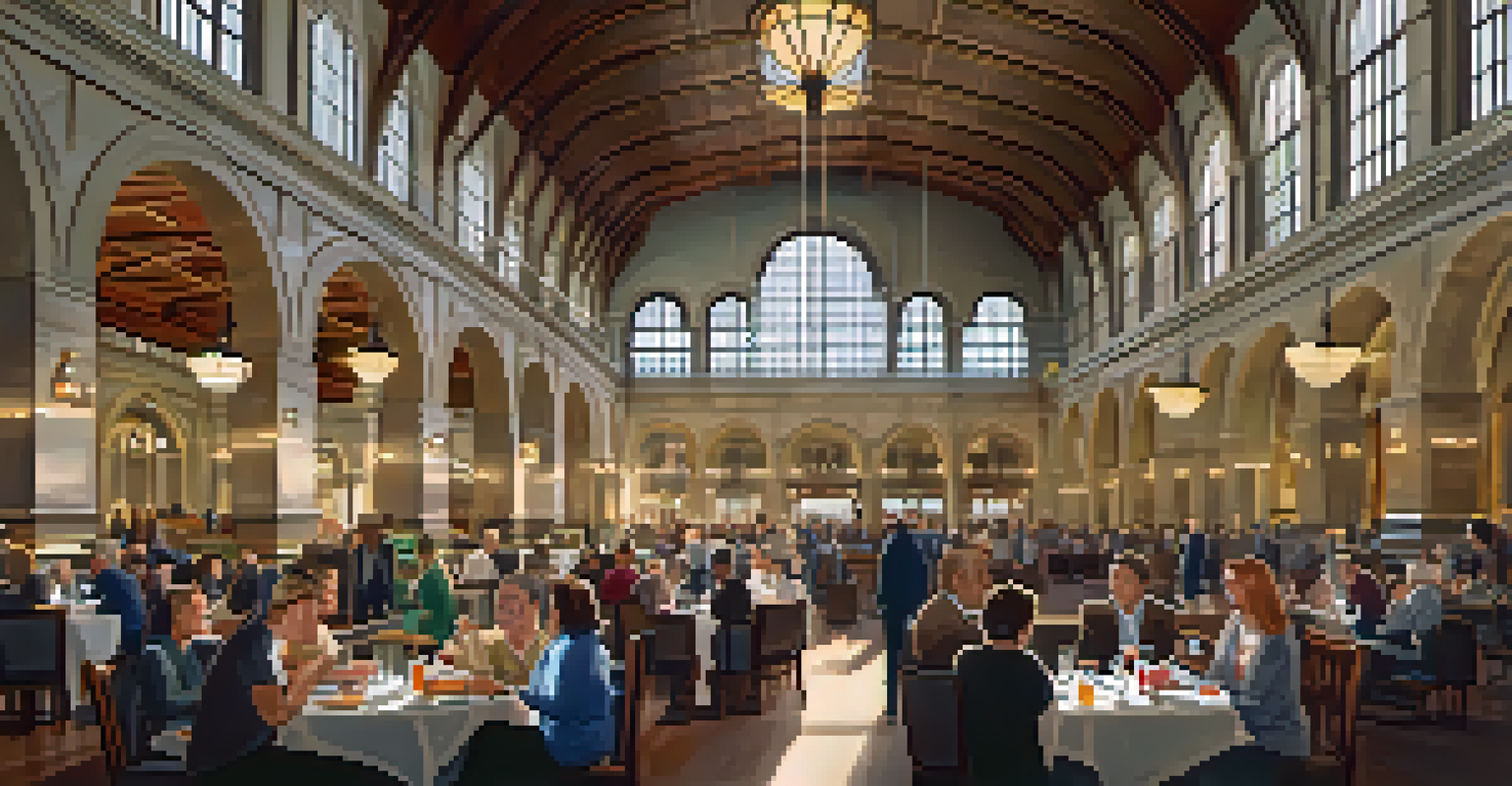 A bustling interior of Union Station's Great Hall with wooden beams, vintage chandeliers, and people socializing.