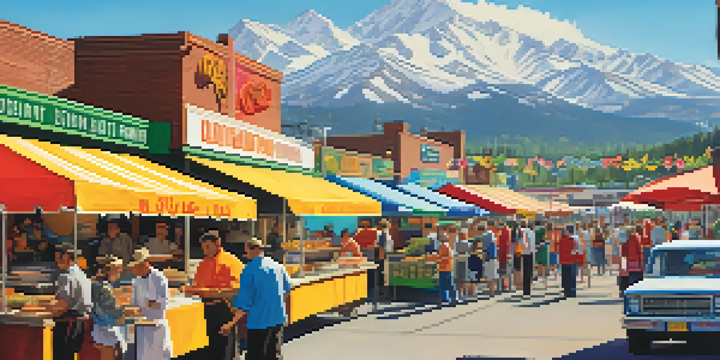 A busy food market in Denver featuring colorful food trucks and stalls, chefs cooking diverse cuisines, and customers enjoying their meals, with mountains in the background.