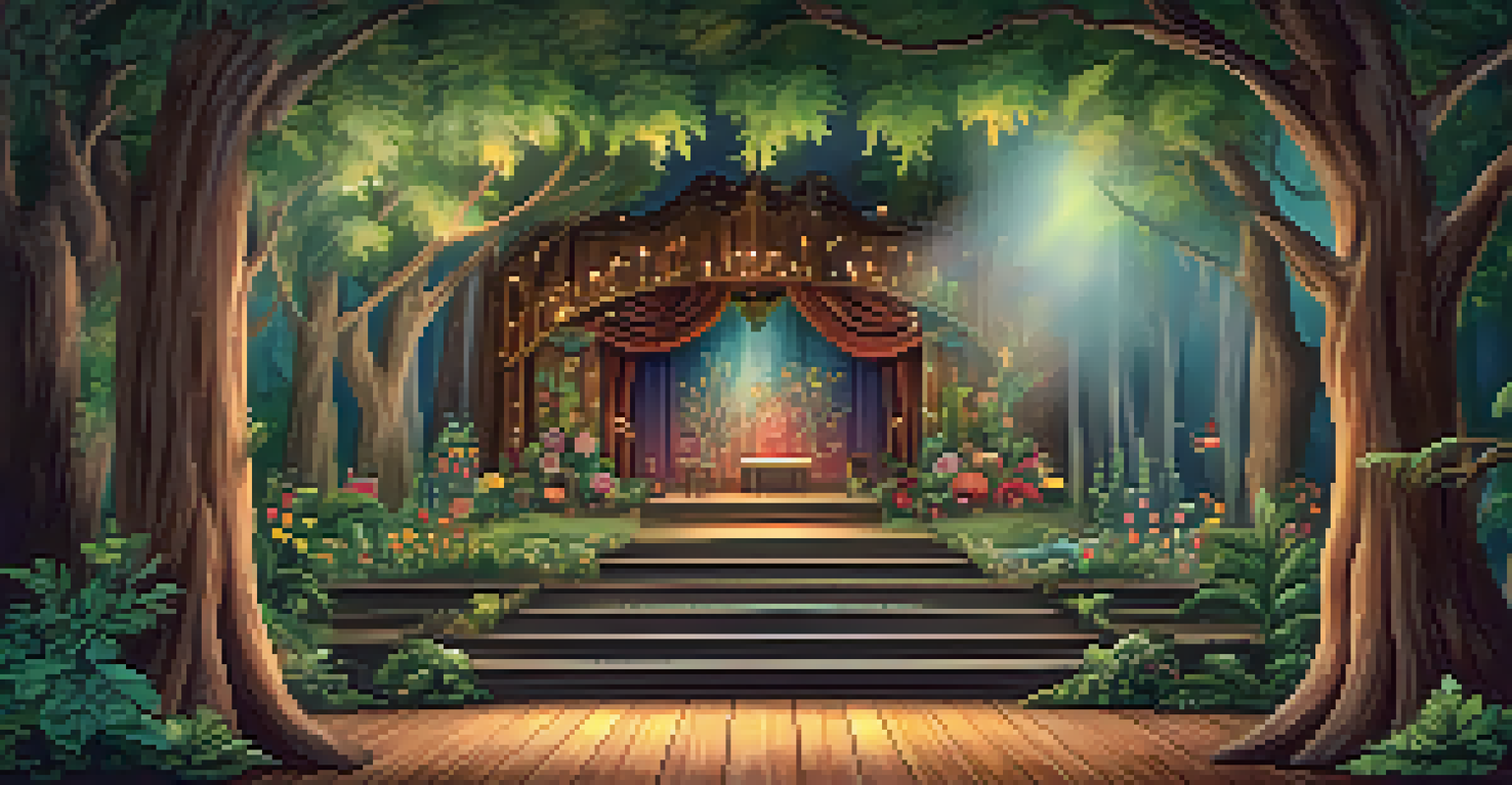 An elaborate theater stage set designed as a whimsical forest scene, featuring rich colors and soft lighting.