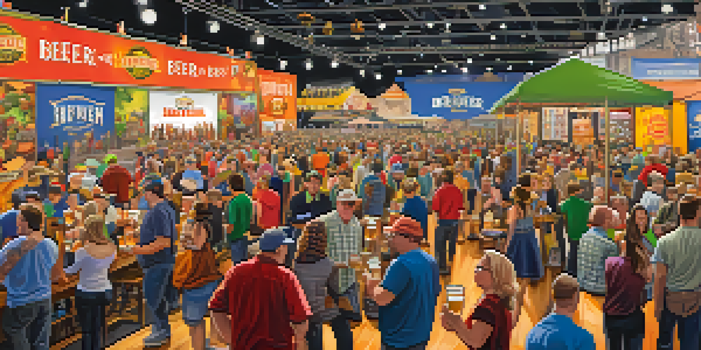 A busy beer festival in Denver with people tasting craft beers and colorful booth decorations.