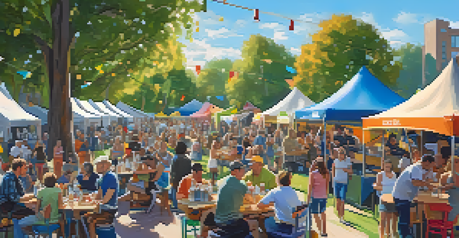 A lively outdoor craft beer festival with tents, food trucks, and people enjoying tastings.