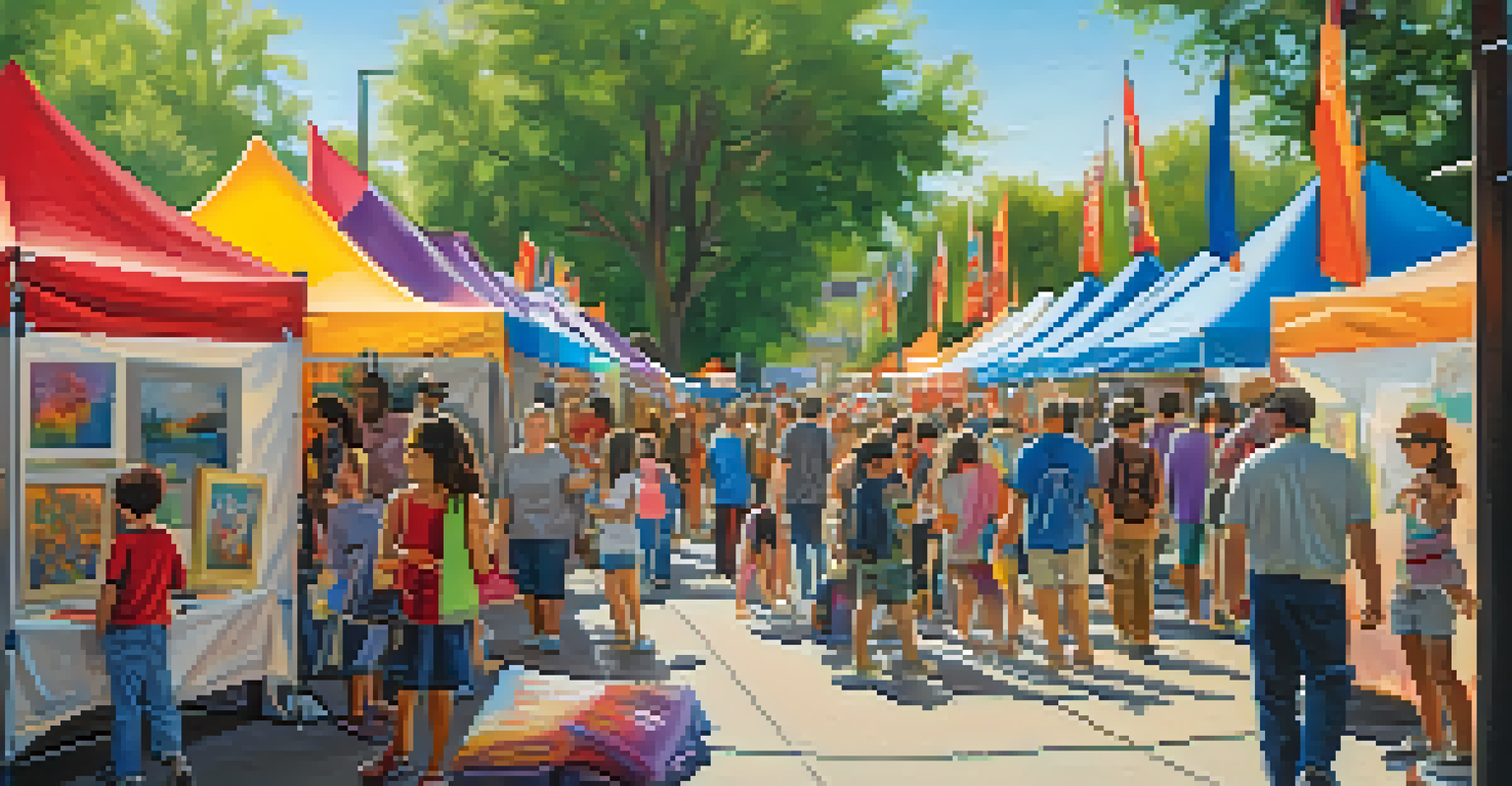 Local artists displaying their artwork at an arts festival in Denver, with colorful tents and people admiring the pieces.