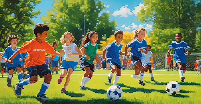Children playing soccer in a park, with parents cheering in the background.