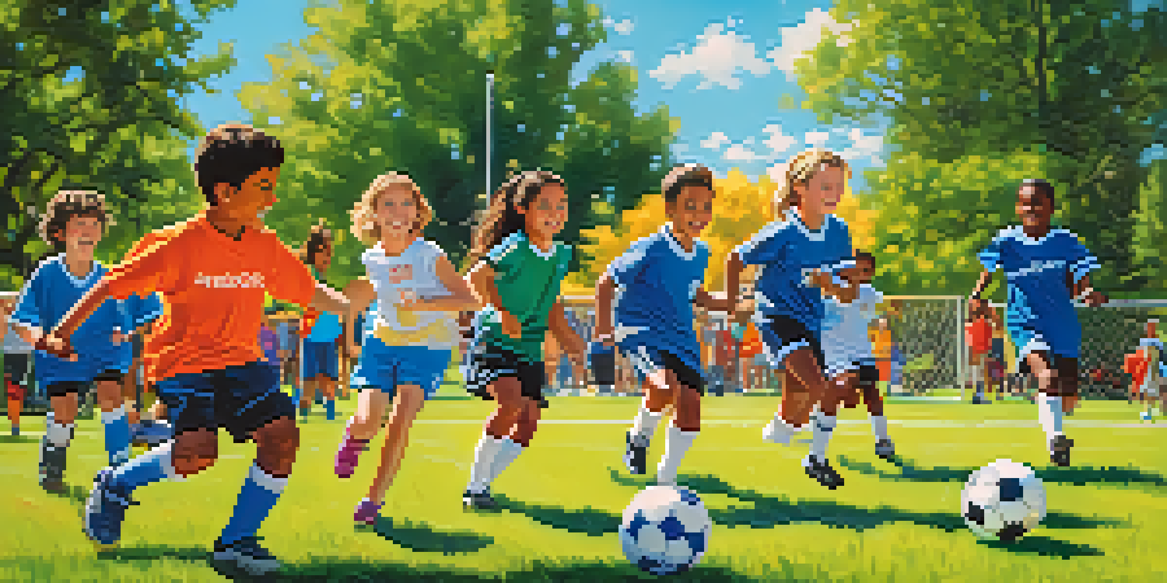 Children playing soccer in a park, with parents cheering in the background.