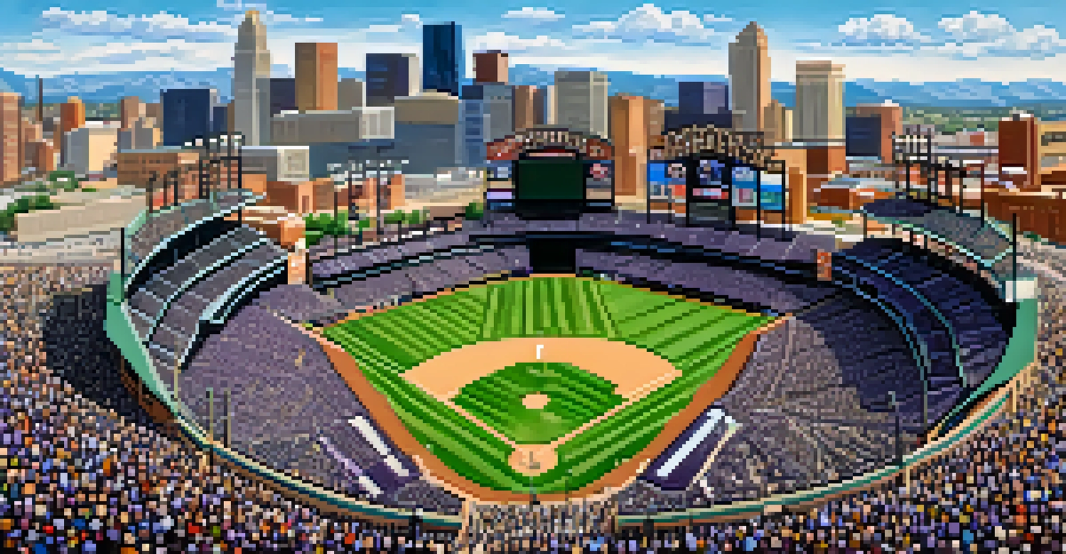 Aerial view of Coors Field filled with fans during a Colorado Rockies game, with the city skyline in the background.