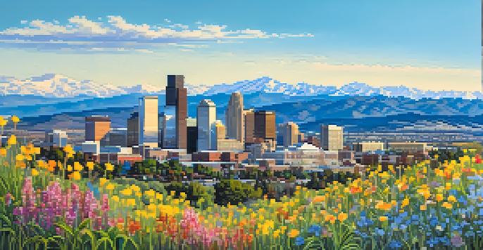 A panoramic view of Denver's skyline with the Rocky Mountains in the background, featuring bright sunshine and blooming wildflowers in the foreground.