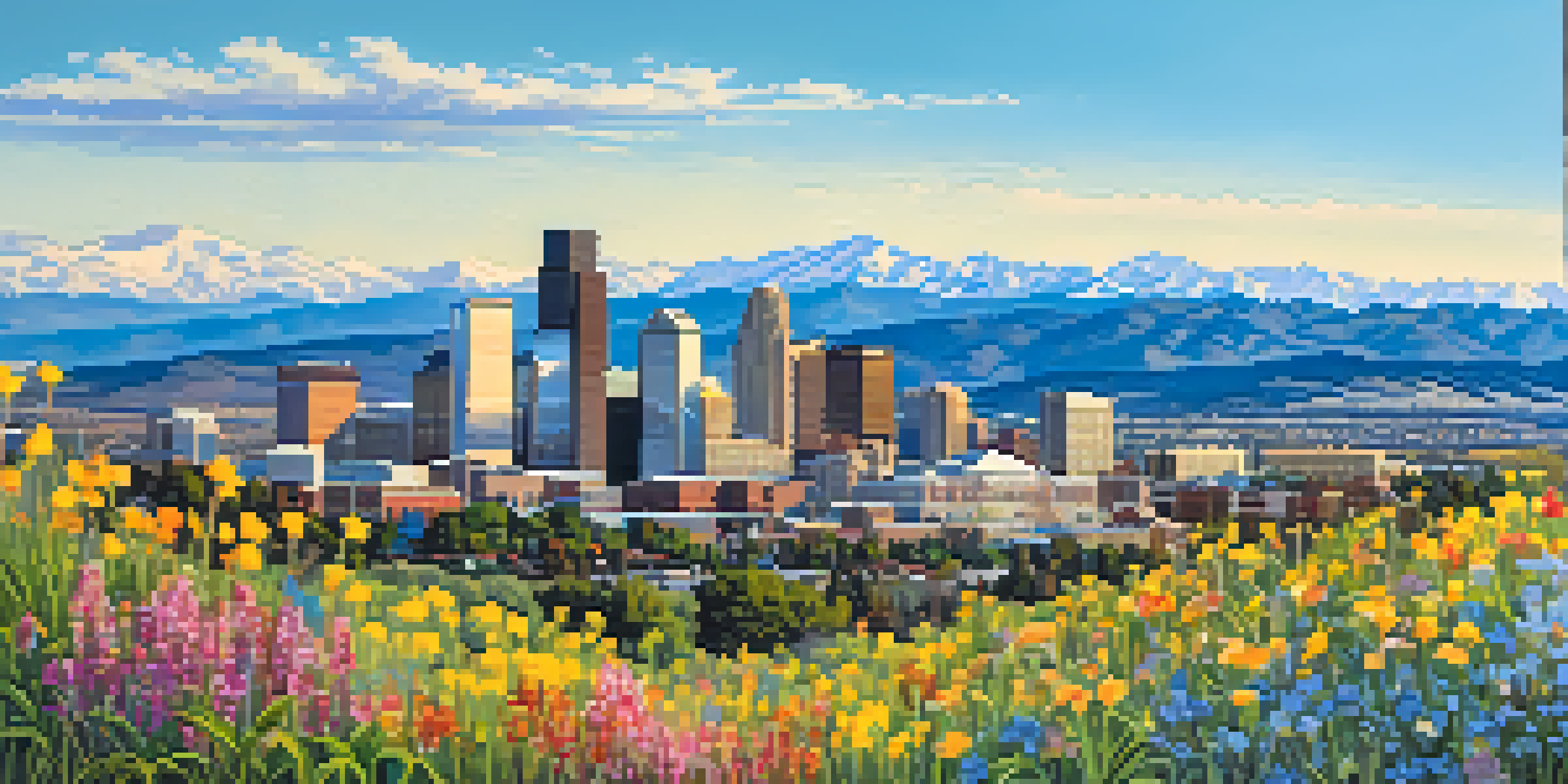 A panoramic view of Denver's skyline with the Rocky Mountains in the background, featuring bright sunshine and blooming wildflowers in the foreground.