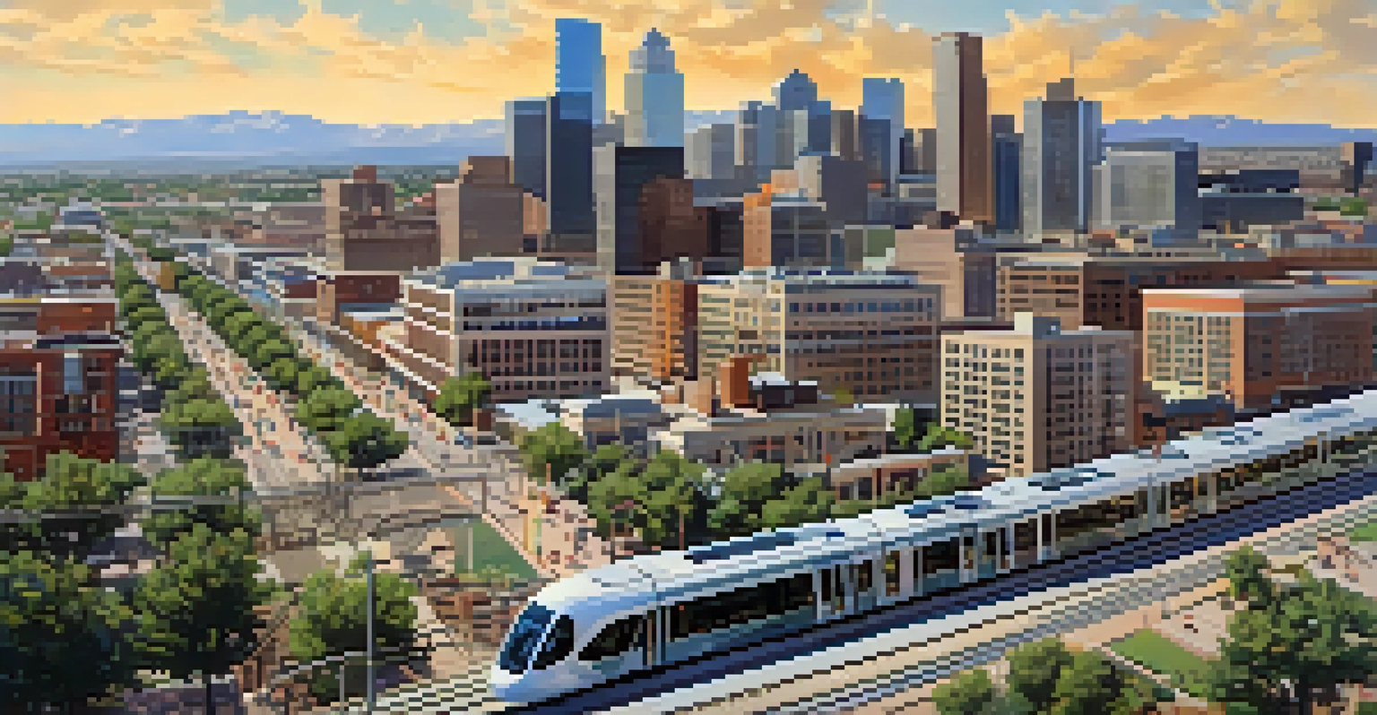 Aerial view of Denver's light rail network expansion with construction visible and the city skyline in the background.