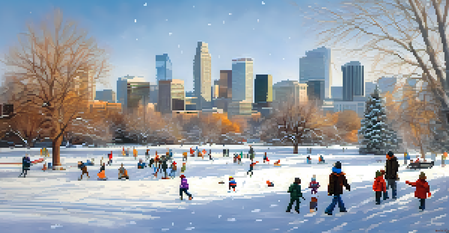 A winter scene in Denver with snow-covered parks, families sledding, and the city skyline in the background.
