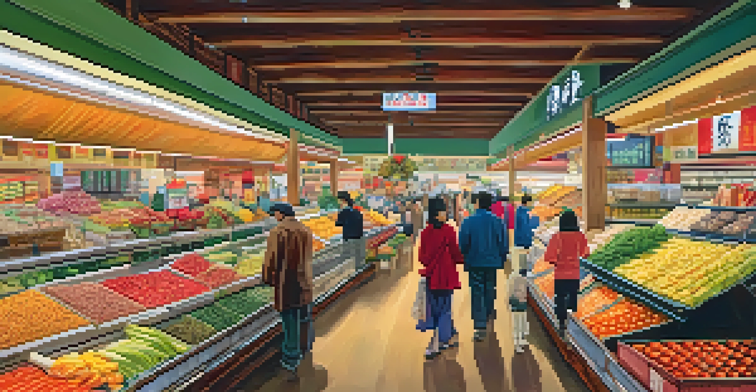 A bustling Asian market in Denver with colorful produce and shoppers exploring the aisles under warm lighting.