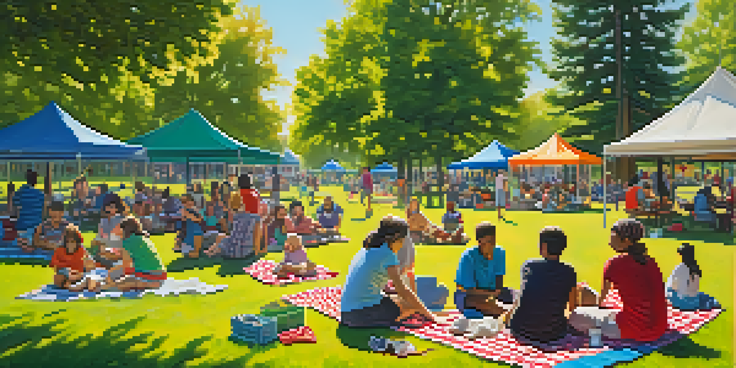 A lively park scene with diverse community members enjoying picnics and playing sports, surrounded by greenery and sunlight.